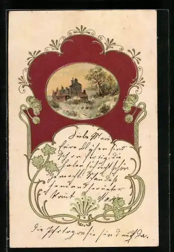 Lithographie Blick zum Gutshof, im Jugendstil-Passepartout