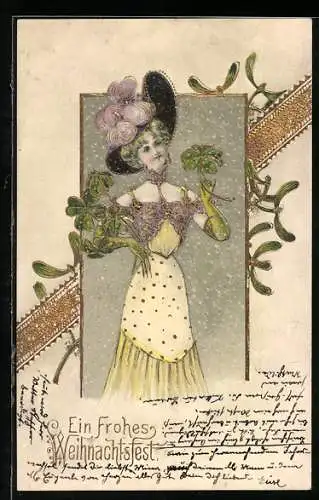 Präge-Lithographie Eine Frau im eleganten Kleid mit einem Strauss Glücksklee, Jugendstil-Weihnachstkarte