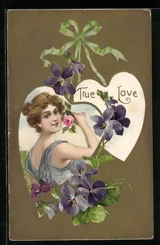 AK Eine junge Frau mit einer Rose im Herz-Medaillon, Passepartout mit Veilchen, Jugendstil