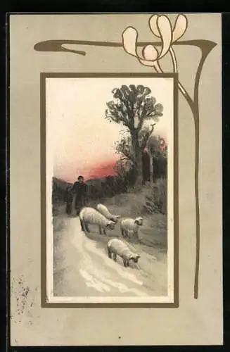 Lithographie Schafshirte in der Morgendämmerung, Jugendstil