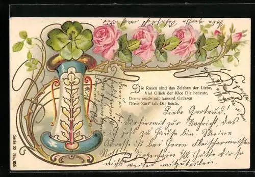 Lithographie Vase mit einem Glückskleeblatt, Passepartout mit Rosen, Jugendstil