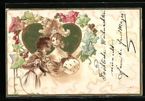 Lithographie Junger Mann mit Zylinder hofiert junge Dame mit Muff, im floralen Jugendstil-Passepartout