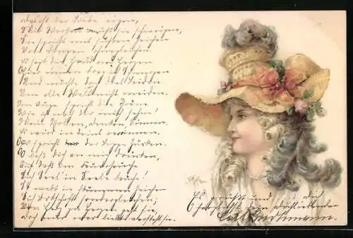 Lithographie Eine Dame mit einem mit Blumen geschmückten Strohhut, Jugendstil