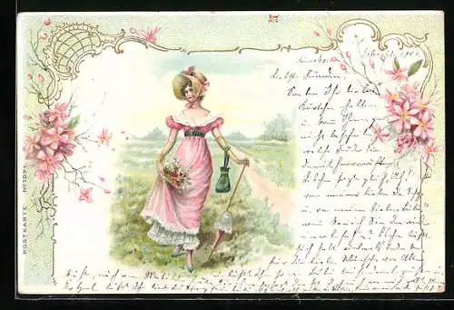 Lithographie Junge Dame mit gepflückten Blumen, Handtasche und Sonnenschirm, im Jugendstil-Passepartout