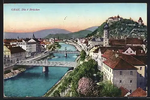 AK Graz, Teilansicht mit den drei Brücken