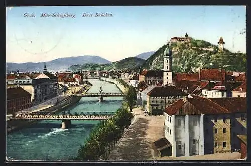 AK Graz, Mur-Schlossberg, Drei Brücken