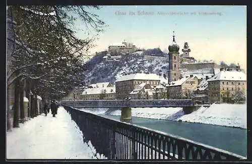 AK Graz, Albrechtsbrücke mit Schlossberg im Schnee