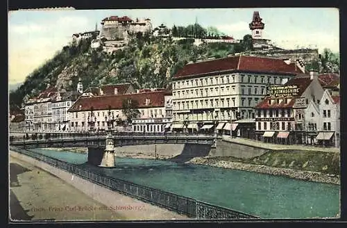 AK Graz, Franz-Carl-Brücke mit Schlossberg