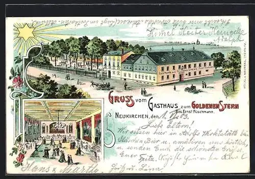 Lithographie Neukirchen / Erzgeb., Gasthaus zum Goldenen Stern E. Püschmann mit Strasse und Saal