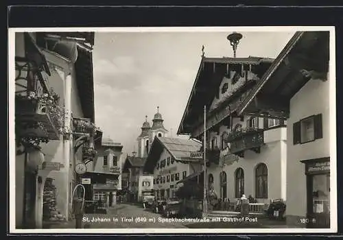 AK St. Johann in Tirol, Speckbacherstrasse mit Gasthof Post & Taback-Geschäft