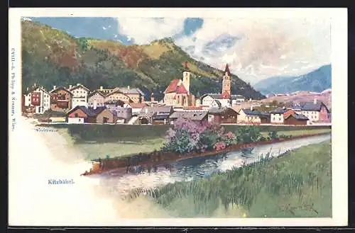 Künstler-Lithographie Franz Kopallik: Kitzbühel, Panoramablick