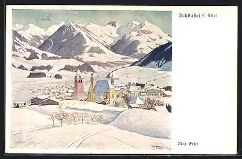 Künstler-AK Kitzbühel in Tirol, Ortsansicht im Schnee