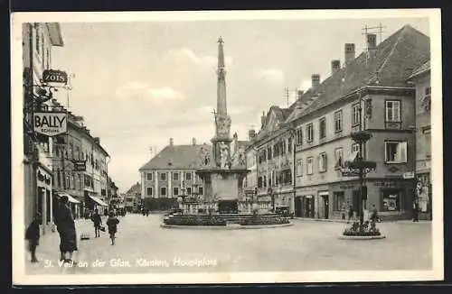 AK St. Veit an der Glan, der Hauptplatz mit Denkmal, Apotheke und viele Geschäfte