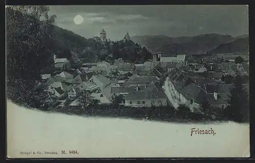 Mondschein-AK Friesach /Kärnten, Blick über die Dächer zur Kirche