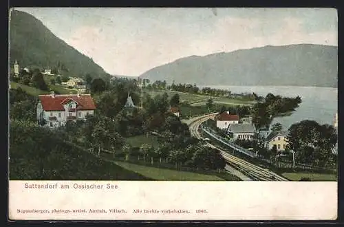 AK Sattendorf am Ossiacher See, Ortsansicht mit Bahngleisen und See
