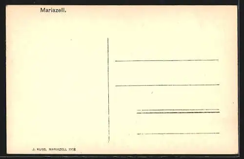 AK Mariazell, Ortsansicht mit Gipfelpanorama und Denkmal aus der Vogelschau