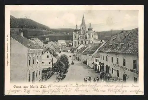 AK Maria Zell, Strassenpartie mit Gasthof zur goldenen Kanone u. Kirche aus der Vogelschau