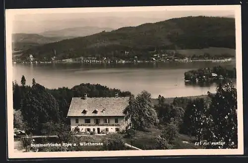 AK Maria Wörth, Gasthaus-Sommerfrische Alpe mit See aus der Vogelschau