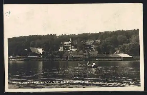 AK Klagenfurt, Hotel Wörthersee und Militärschwimmschule, vom Wasser gesehen