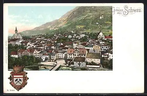 Künstler-AK Schwaz, Gesamtansicht mit Umgebung, Wappen, um 1900