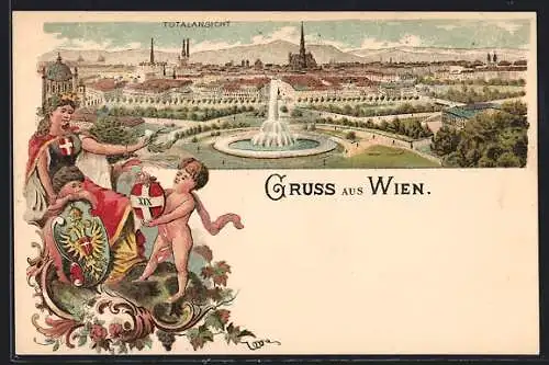 Lithographie Wien, Totalansicht mit Springbrunnen, Austria und Kinder mit Wappen