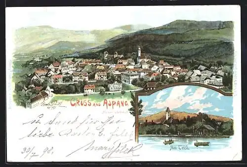 Künstler-AK Aspang, Ruderboote auf dem Teich, Ortsansicht