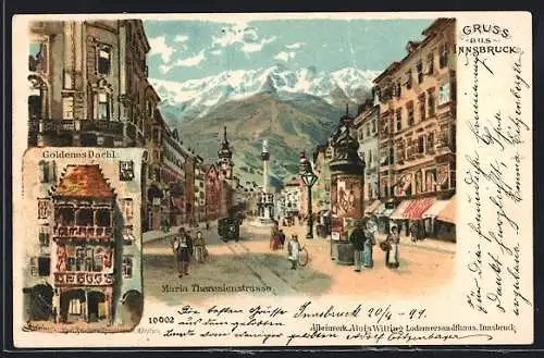 Lithographie Innsbruck, Goldenes Dachl, Maria Theresienstrasse mit Litfasssäule