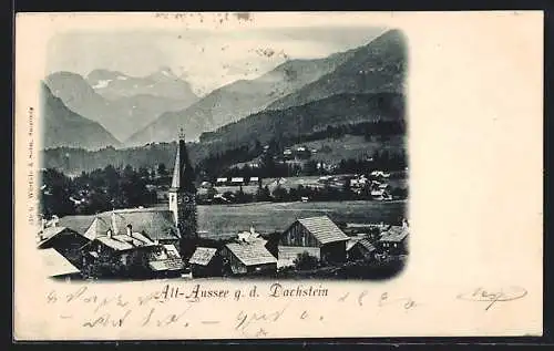 AK Alt-Aussee, Ortspartie mit Kirche gegen den Dachstein