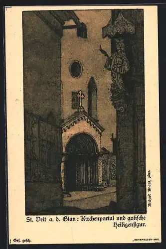 Künstler-AK St. Veit a. d. Glan, Kirchenportal und gotische Heiligenfigur