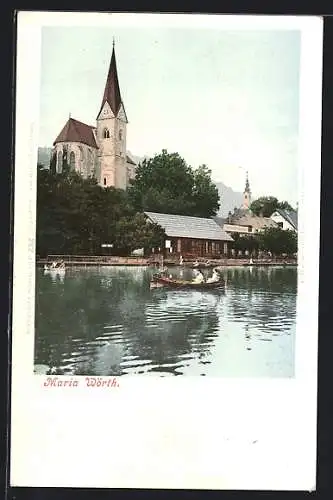 AK Maria Wörth, Kirche vom Wasser gesehen