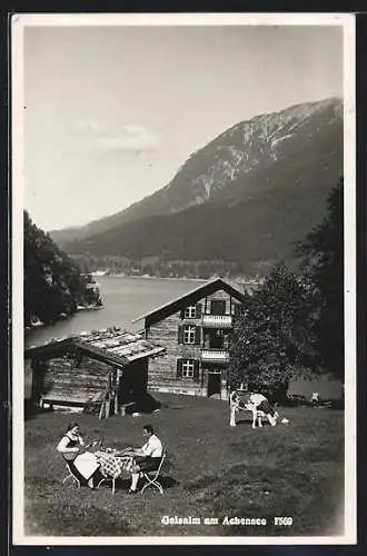 AK Achenkirch, Geisalm am Achensee mit Trachtenpaar, weidender Kuh und Seeblick