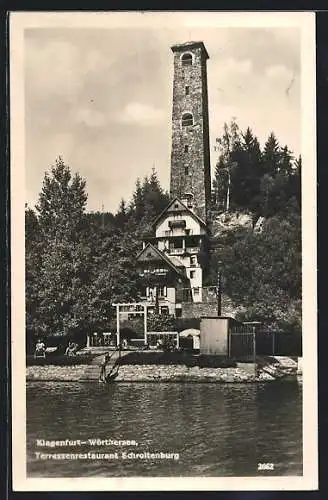 AK Klagenfurt /Wörthersee, Terrassenrestaurant Schrottenburg, vom Wasser gesehen