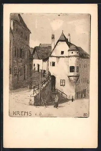 Künstler-AK Krems a. D., Strassenpartie mit Mauer und Erkerhaus