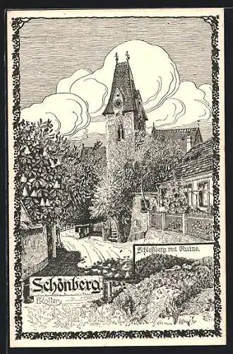 Künstler-AK Schönberg am Kamp, Pfarrkirche, Schlossberg mit Ruine