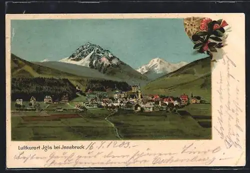 Lithographie Igls bei Innsbruck, Ortsansicht mit Bergpanorama