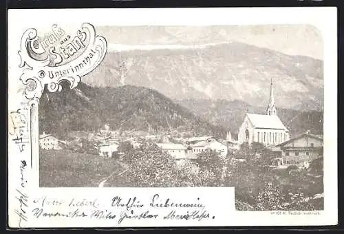 AK Stans /Unterinnthal, Ortsansicht mit der Kirche gegen die Berge