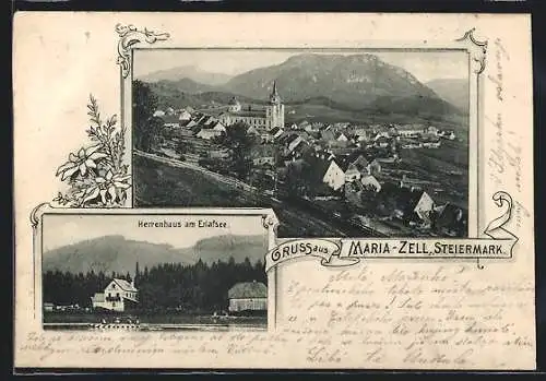 AK Mariazell, Hotel Herrenhaus am Erlafsee, Panorama mit Kirche
