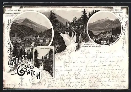 Lithographie Bad Gastein, Ortsansicht, Schreckbrücke, Wasserfall