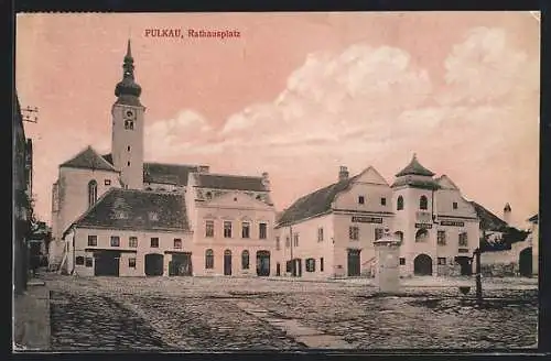 AK Pulkau, Gemeindeamt, Volks-Bibliothek und Sparkasse am Rathausplatz, Blick zur Kirche