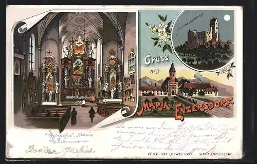 Lithographie Maria Enzersdorf, Schloss Liechtenstein, Kircheninneres und Kirche