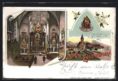 Lithographie Maria Enzersdorf, Wallfahrtskirche, Inneres der Kirche, Marienerscheinung