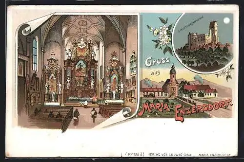 Lithographie Maria-Enzersdorf, Schloss Liechtenstein mit Vollmond, Inneres von Kirche mit Altar