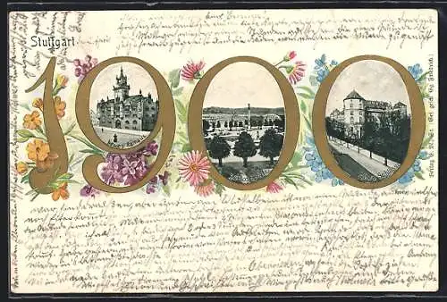 AK Stuttgart, Neues Rathaus, Schlossplatz und Alter Schloss im Neujahrspassepartout 1900