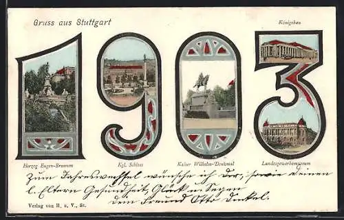 AK Stuttgart, Herzog Eugen-Brunnen, Schloss und Landesgewerbemuseum im Neujahrspassepartout 1903