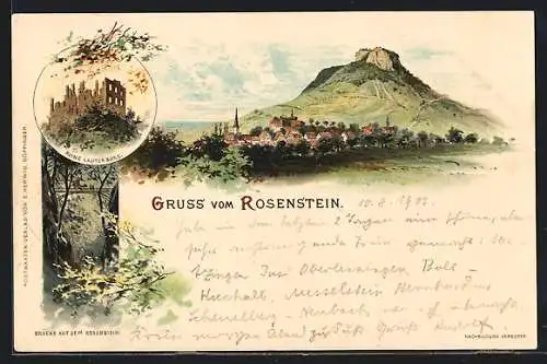 Lithographie Lauterburg, Teilansicht, Ruine, Brücke auf dem Rosenstein