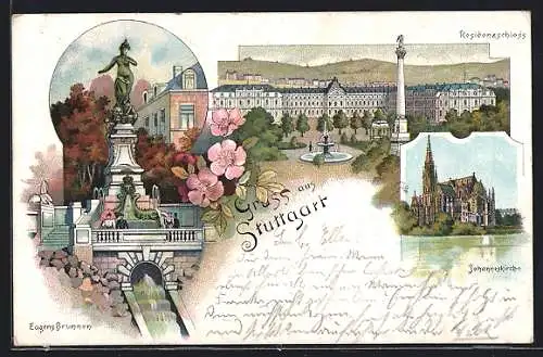 Lithographie Stuttgart, Residenzschloss, Johanneskirche, am Eugens-Brunnen