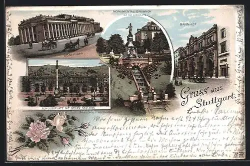 Lithographie Stuttgart, Schlossplatz m. n. Schloss, Monumental-Brunnen a. d. Eugensplatte, Bahnhof