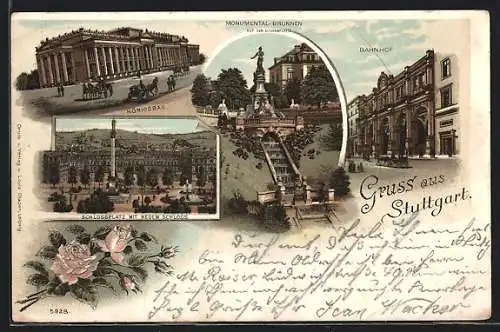 Lithographie Stuttgart, Schlossplatz m. n. Schloss, Monumental-Brunnen a. d. Eugensplatte, Bahnhof