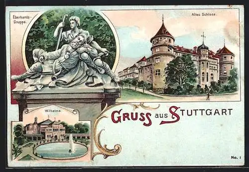 Lithographie Stuttgart, Eberhards-Gruppe, Altes Schloss, Wilhelma mit Fontäne