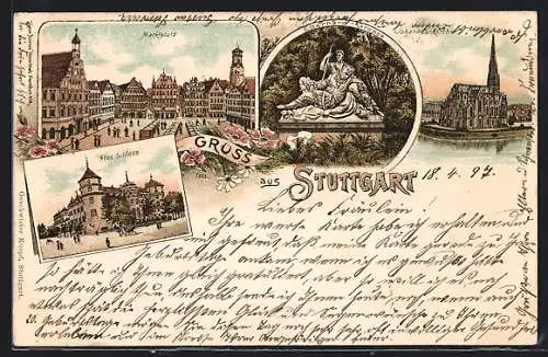 Lithographie Stuttgart, Marktplatz, Altes Schloss, Johannes-Kirche, Eberhard-Gruppe